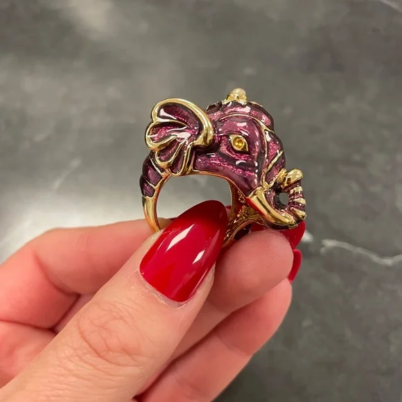 Purple Kenneth Jay Lane Enamel Good Luck Elephant Ring - Picture 2 of 4
